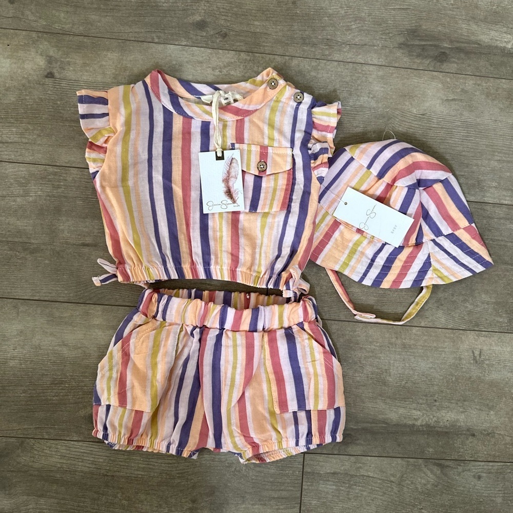 New Jessica Simpson Retro Striped 3 Pc Baby Girl Set Hat Shorts Top 3-6M